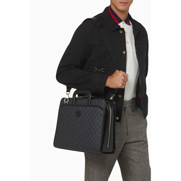 Authentic Gucci GG Supreme Briefcase Monogram Medium Messenger Bag Black Mens - Picture 2 of 12